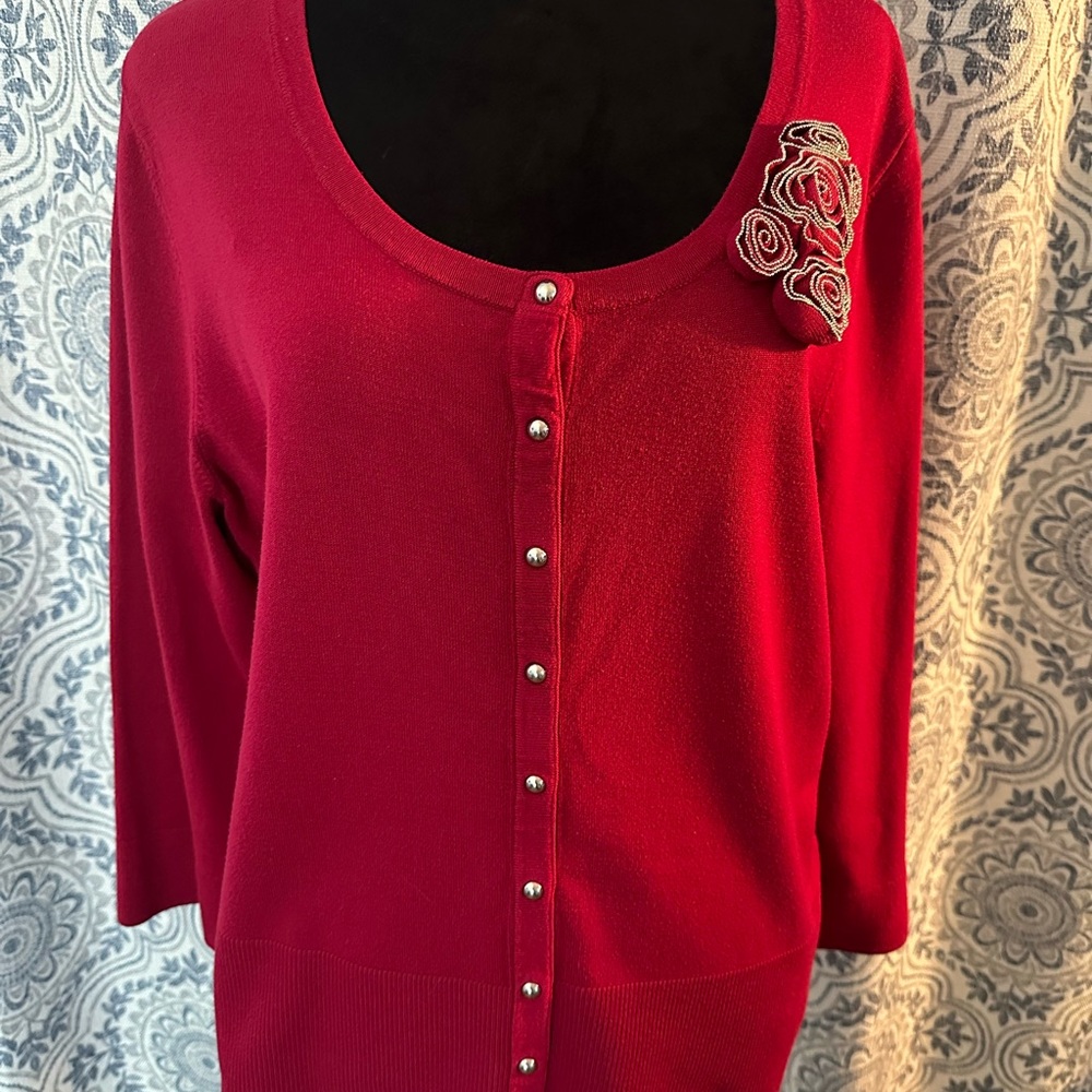 White House Black Market  Red Cardigan with Floral Detail XL